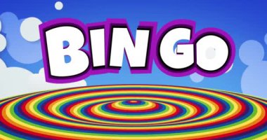 Gökkuşağı daireleri üzerinde tombala metninin animasyonu. Küresel oyun, iletişim, retro, gelecek, bağlantılar ve dijital olarak oluşturulmuş veri işleme kavramı.