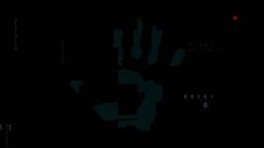 Biyometrik el izi ve karanlık arka planda ai veri işleme animasyonu. Küresel yapay zeka, dijital arayüz, hesaplama ve veri işleme kavramı dijital olarak oluşturuldu.