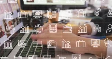 Kafkas iş adamlarının dizüstü bilgisayar kullanarak simge ağının animasyonu. Küresel iş, dijital arayüz, hesaplama ve veri işleme kavramı dijital olarak oluşturulmuş video.