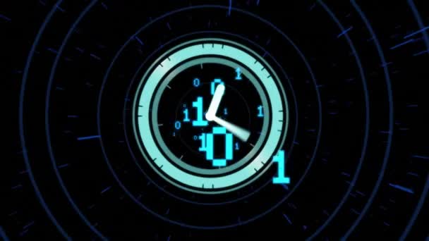 Animation Clock Binary Coding Data Processing Dark Background Global Digital — стокове відео