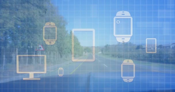 Animação Ícones Dispositivos Comunicação Sobre Estrada Inteligência Artificial Global Interface — Vídeo de Stock
