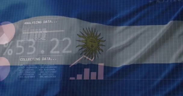Анимирование Статистики Обработка Данных Над Восходящим Флагом Аргентины Концепция Бизнеса — стоковое видео