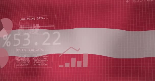 Animación Estadísticas Procesamiento Datos Sobre Ondeando Bandera Austria Negocios Comunicación — Vídeo de stock
