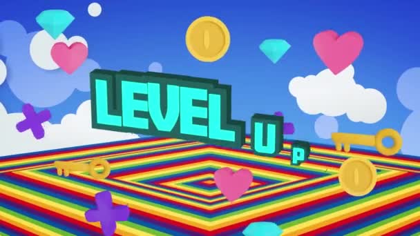 水平文字在彩虹形状上的动画 全球视频游戏 连接和数据处理概念 — 图库视频影像