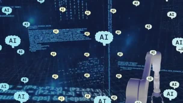 Animatie Van Gegevensverwerking Robotarm Donkere Achtergrond Mondiale Kunstmatige Intelligentie Digitale — Stockvideo