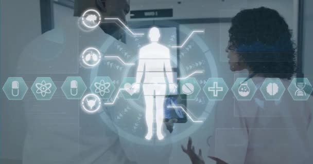 Animation Der Medizinischen Datenverarbeitung Über Verschiedene Ärzte Globales Gesundheits Wissenschafts — Stockvideo