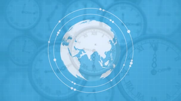 Statistik Veri Işleme Saatlerin Üzerindeki Dünyanın Animasyonu Küresel Iletişim Dijital — Stok video