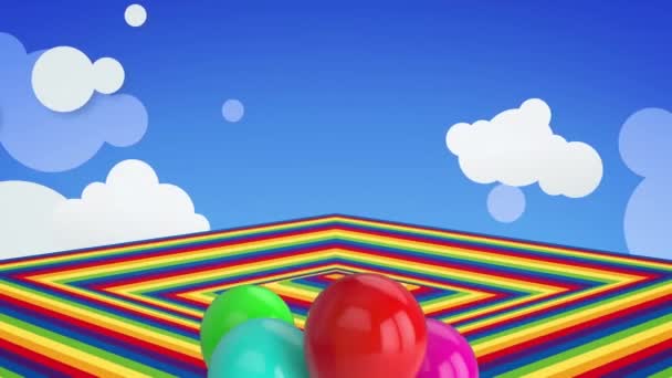 蓝色背景的彩虹图案上的气球动画 庆祝活动 连接和数据处理概念 — 图库视频影像