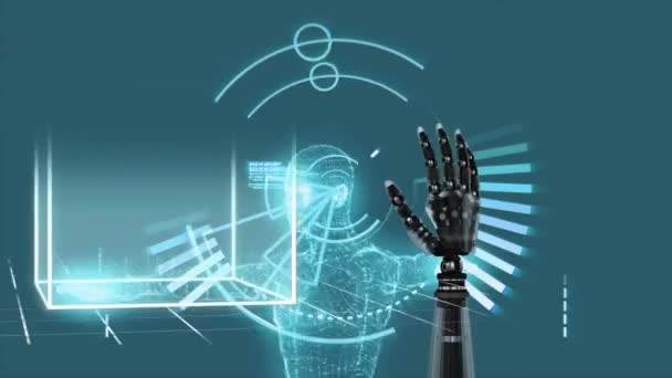ロボットの腕や暗い背景にAiデータ処理のアニメーション 世界的な人工知能 デジタルインターフェース コンピューティング データ処理の概念デジタル生成ビデオ — ストック動画