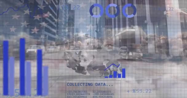 Animation Statistics Data Processing Cityscape Waving Flag United States Business — Stock Video