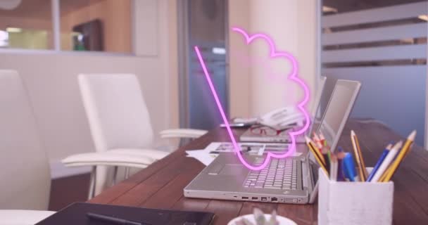 Animace Ikony Zpracování Dat Přes Notebook Tablet Kanceláři Global Artificial — Stock video