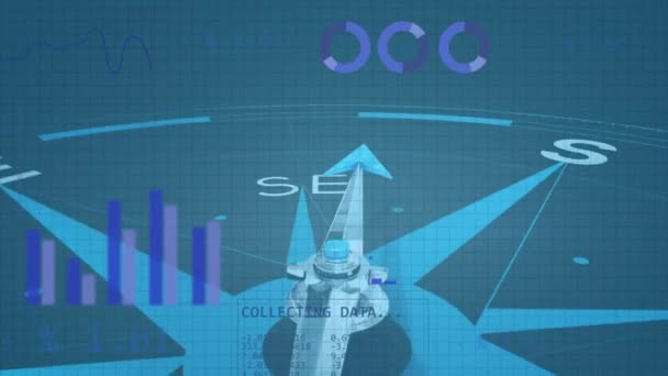 Animação Estatísticas Dados Sobre Bússola Com Agulha Movimento Texto Viagem — Vídeo de Stock