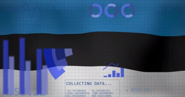 Animation Von Statistiken Und Datenverarbeitung Über Dem Fahnenschwenken Estlands Geschäfts — Stockvideo