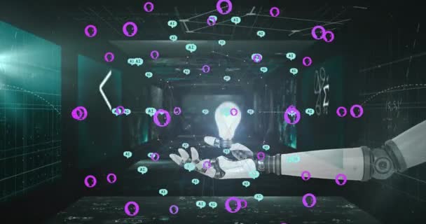 Animation Data Processing Robot Arm Lightbulb Dark Background Global Artificial — Αρχείο Βίντεο