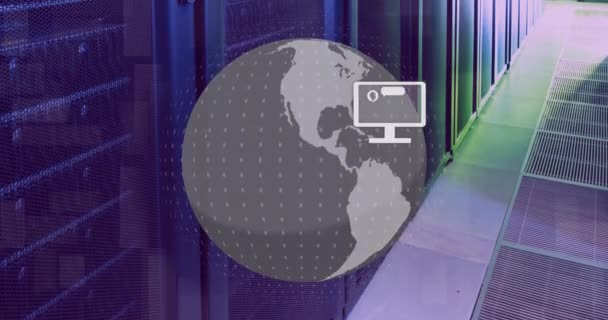 Animace Ikon Komunikace Globu Přes Počítačovou Serverovou Místnost Globální Komunikace — Stock video