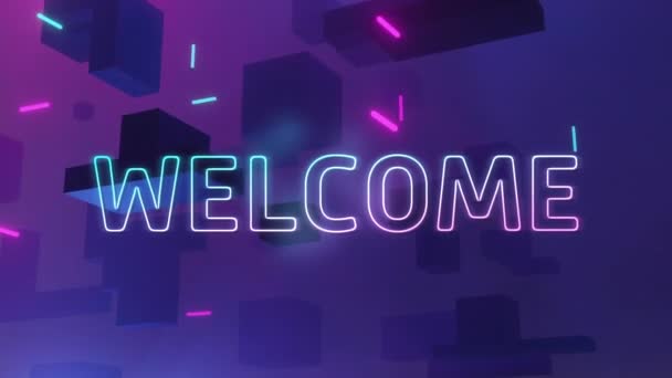紫色の背景に歓迎テキストのアニメーション グローバルビデオゲーム レトロ 接続とデータ処理の概念デジタル生成ビデオ — ストック動画