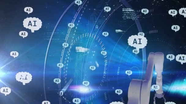Animação Processamento Dados Sobre Braço Robô Fundo Escuro Inteligência Artificial — Vídeo de Stock