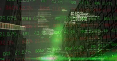 Şehir manzarası üzerinde veri işleme resmi. küresel iş ve dijital arayüz kavramı dijital olarak oluşturulmuş görüntü.