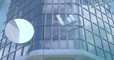 Modern ofis binası üzerinde finansal veri işlemenin birleşimi. Küresel iş, finans, hesaplama ve veri işleme kavramı dijital olarak oluşturulmuş görüntü.