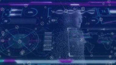 Daireleri, haritayı, DNA sarmalını, küreyi ve insan vücudunu oluşturan noktaları yükleyen bağlı simgelerin animasyonu. Dijital olarak üretilmiş, hologram, illüstrasyon, anatomi, iş dünyası, iletişim ve teknoloji.