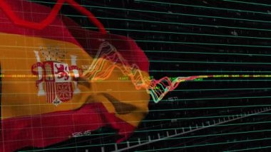 Animation of financial data processing over flag of spain. Global business, finances, computing and data processing concept digitally generated video.
