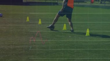 Çeşitli futbol oyuncularının sahada finansal veri işleme animasyonları. Küresel spor, iş, finans, bilgisayar ve veri işleme kavramı dijital olarak oluşturulmuş video.