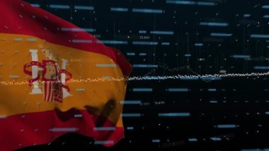 Animation of financial data processing over flag of spain. Global business, finances, computing and data processing concept digitally generated video.