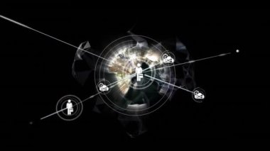 Siyah arkaplana karşı dönen dünya üzerinde dijital simge ağının animasyonu. Küresel ağ ve iş teknolojisi kavramı