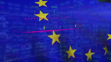 Avrupa Birliği bayrağı üzerinde finansal veri işleme animasyonu. Küresel iş, finans, hesaplama ve veri işleme kavramı dijital olarak oluşturulmuş video.