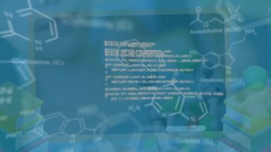 Laboratuvardaki beyaz kız öğrencinin bilimsel veri işleme animasyonu. Eğitim, öğrenim, okul ve veri işleme kavramı dijital olarak oluşturulmuş video.