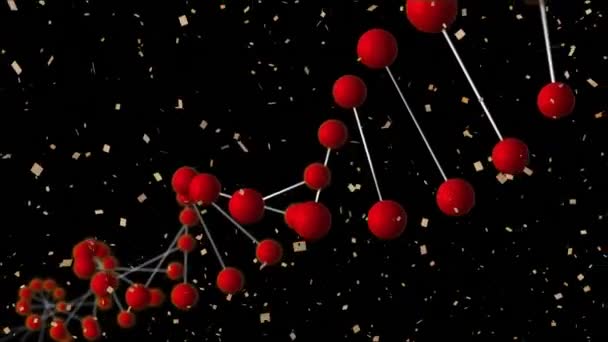 Animatie Van Confetti Vallen Dna Streng Spinnen Zwarte Achtergrond Wetenschap — Stockvideo