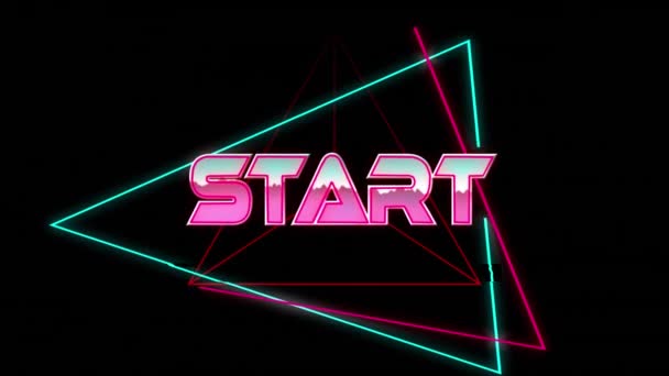 Animering Start Text Över Neon Linjer Svart Bakgrund Globalt Videospel — Stockvideo