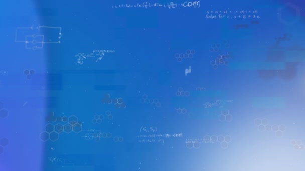 Анимация Шестиугольников Математических Уравнений Синем Фоне Цифровой Рисунок Меловой Рисунок — стоковое видео