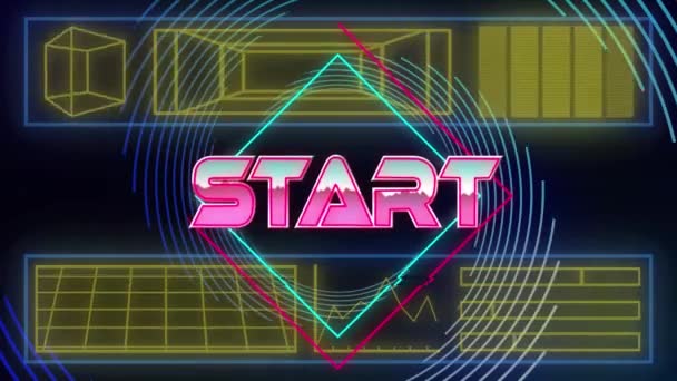 Animation Des Starttextes Über Neon Muster Auf Dunklem Hintergrund Videospiel — Stockvideo