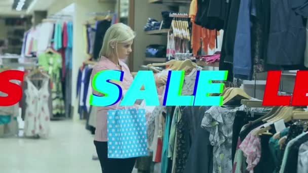 Beyaz Kadının Kıyafet Alışverişi Üzerine Satış Metninin Animasyonu Satışlar Alışveriş — Stok video