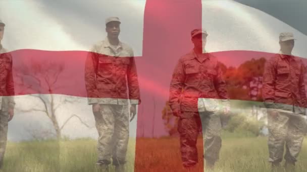 Animação Bandeira Inglaterra Sobre Diversos Soldados Sexo Masculino Patriotismo Forças — Vídeo de Stock