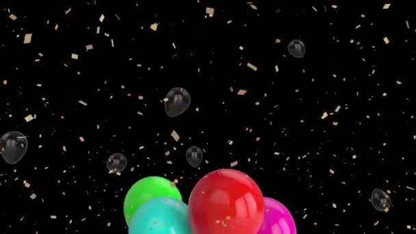 Animation Von Fallendem Konfetti Und Luftballons Auf Schwarzem Hintergrund Party — Stockvideo