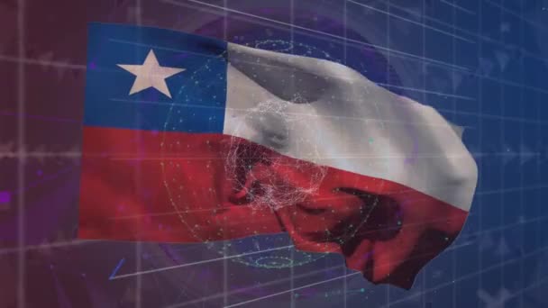 Animering Statistisk Databehandling Över Viftande Chile Flagga Mot Snurrande Jordglob — Stockvideo