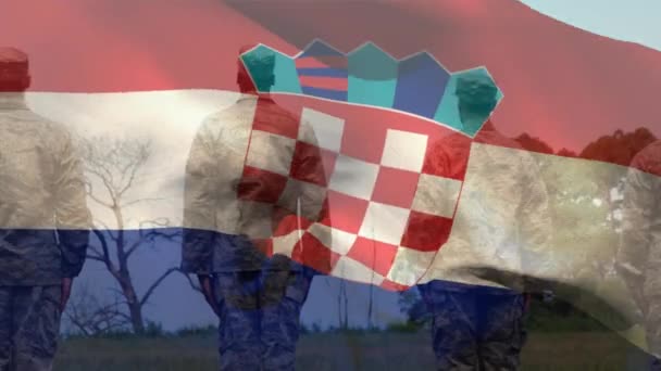 Animação Bandeira Croácia Sobre Diversos Soldados Patriotismo Croata Forças Armadas — Vídeo de Stock