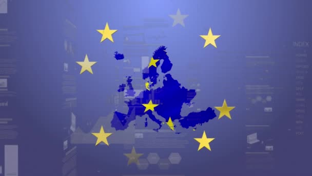 Animación Del Procesamiento Datos Financieros Sobre Bandera Unión Europea Negocios — Vídeos de Stock