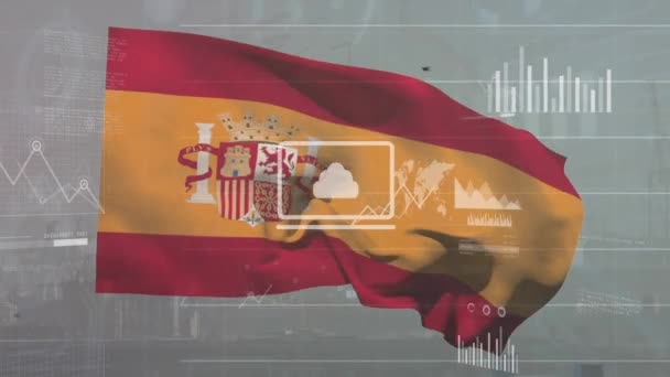 Animatie Van Verwerking Van Financiële Gegevens Vlag Van Spanje Mondiaal — Stockvideo