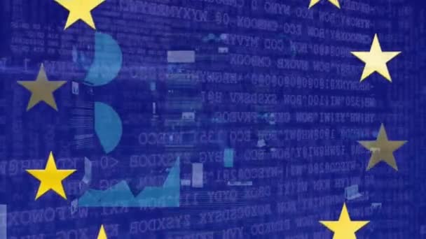 Animace Zpracování Finančních Údajů Nad Vlajkou Evropské Unie Globální Koncepce — Stock video