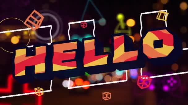 Animace Hello Textu Nad Neonovým Vzorem Černém Pozadí Video Hra — Stock video