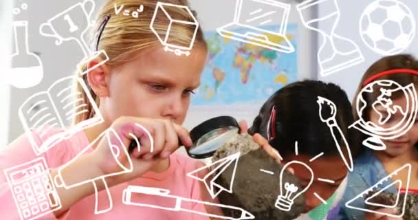 Animatie Van Schooliconen Diverse Schoolkinderen Onderwijs Leren School Gegevensverwerking Concept — Stockvideo