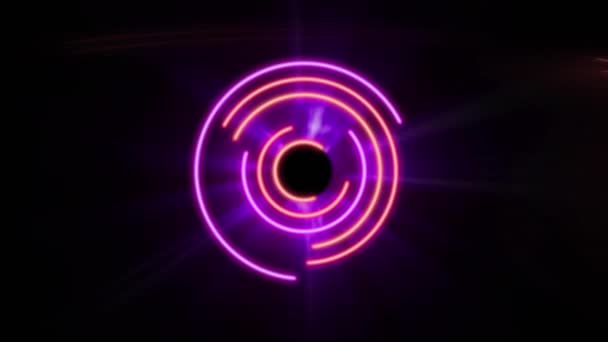 黒い背景のシームレスなループでピンクと紫のネオン回転円のアニメーション デジタル生成されたビデオの色 動きコンセプト — ストック動画