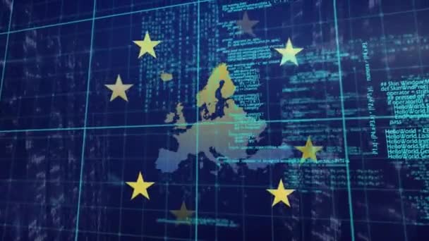 ヨーロッパ連合の旗をめぐる金融データ処理のアニメーション グローバルビジネス コンピューティング データ処理コンセプトデジタル生成ビデオ — ストック動画