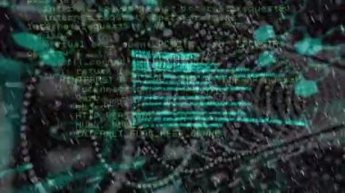 Bilgisayar dilinin dairesel tünel üzerinden arka plandaki molekül yapılarına karşı animasyonu. Dijital olarak üretilmiş, hologram, illüstrasyon, kodlama, tıbbi, sağlık ve teknoloji konsepti.