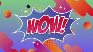 Retro konuşma balonu ve şablon üzerine wow metninin animasyonu. Sosyal medya, renk, hareket ve tekrarlama konsepti dijital olarak oluşturulmuş video.