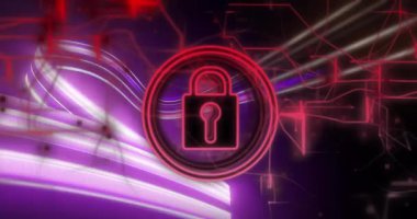 Karanlık arka planda asma kilit simgesi ve veri işleme animasyonu. Küresel siber güvenlik, bağlantılar, dijital arayüz, iletişim, bilgisayar ve veri işleme kavramı dijital olarak oluşturuldu.