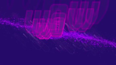 Eflatun arkaplandaki mor ağ üzerinde wow metnin animasyonu. Küresel video oyunu, dijital arayüz, iletişim, bilgisayar ve veri işleme kavramı dijital olarak oluşturuldu.